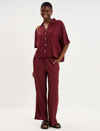 Chemise dos smock&eacute; manches courtes bordeaux femme