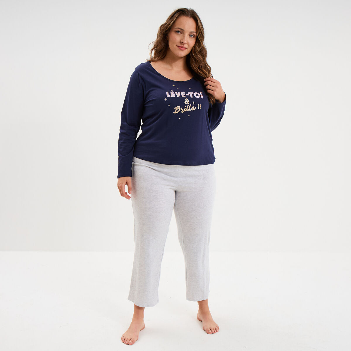 Ensemble pyjama 2 pi&egrave;ces coton bleu marine femme grande taille