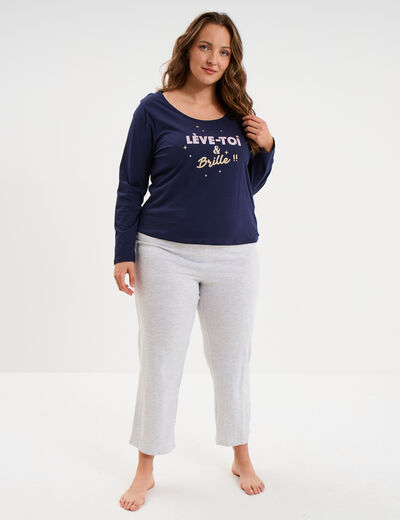 Ensemble pyjama 2 pi&egrave;ces coton bleu marine femme grande taille