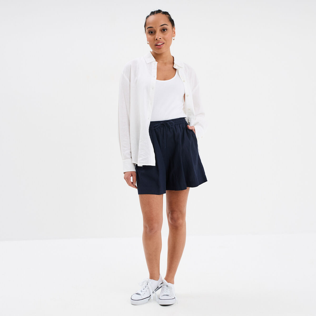 Short large lin m&eacute;lang&eacute; &agrave; coulisse bleu fonc&eacute; femme