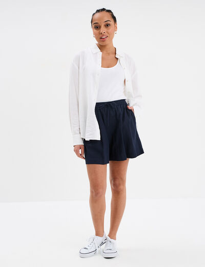 Short large lin mélangé à coulisse bleu foncé femme