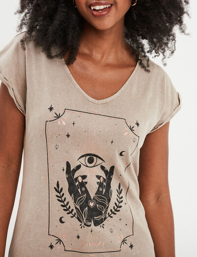 T-shirt coton col en V manches courtes vert kaki femme