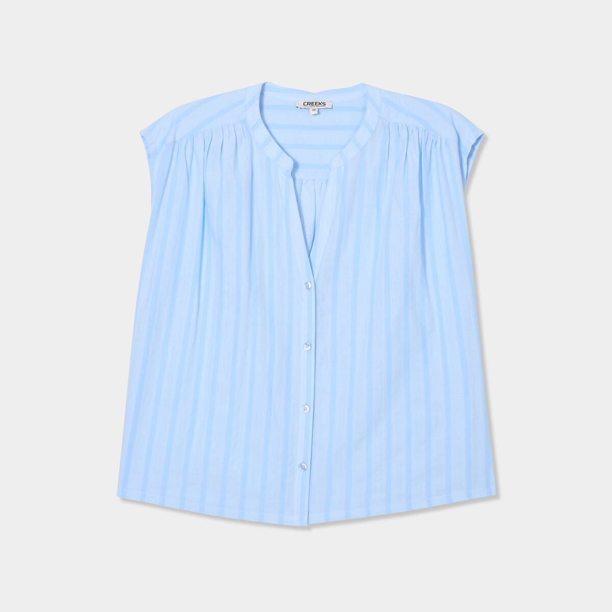 Blouse sans manches col tunisien coton bleu ciel femme