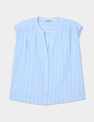 Blouse sans manches col tunisien coton bleu ciel femme