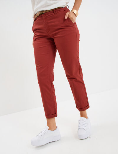 Pantalon chino 7/8&egrave;me ceinture tress&eacute;e rouge fonc&eacute; femme