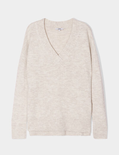 Pull droit ample col V fentes aux côtés ecru femme