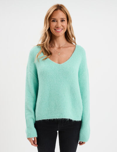 Pull col en V manches longues vert femme