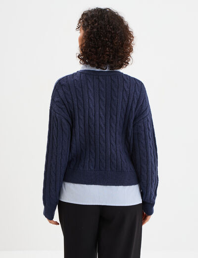 Pull torsades effet 2-en-1 chemise bleu marine femme