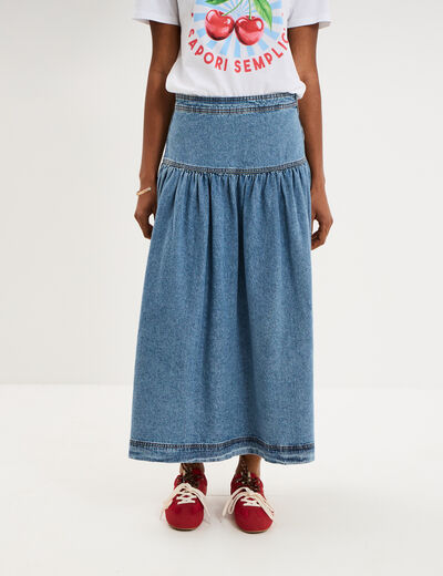 Jupe longue en jean large coton denim stone femme