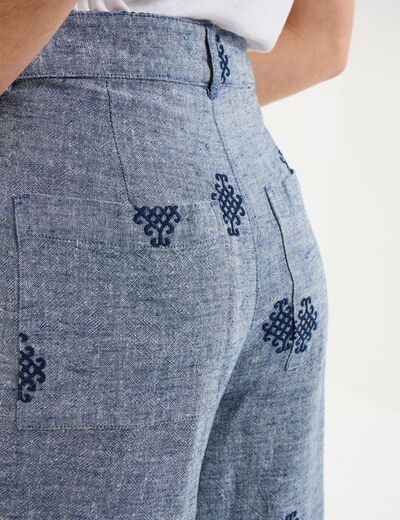 Pantalon large brod&eacute; bleu fonc&eacute; femme