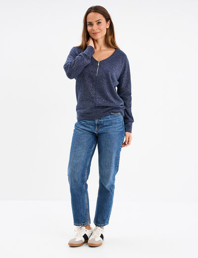 Pull chauve-souris col en V détail zippé bleu foncé femme