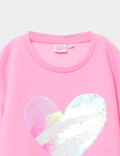 Sweat &agrave; sequins col rond manches longues rose fluo fille