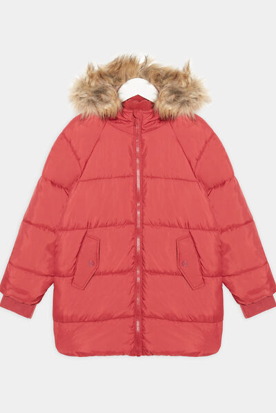 Doudoune droite à capuche rose cerise fille