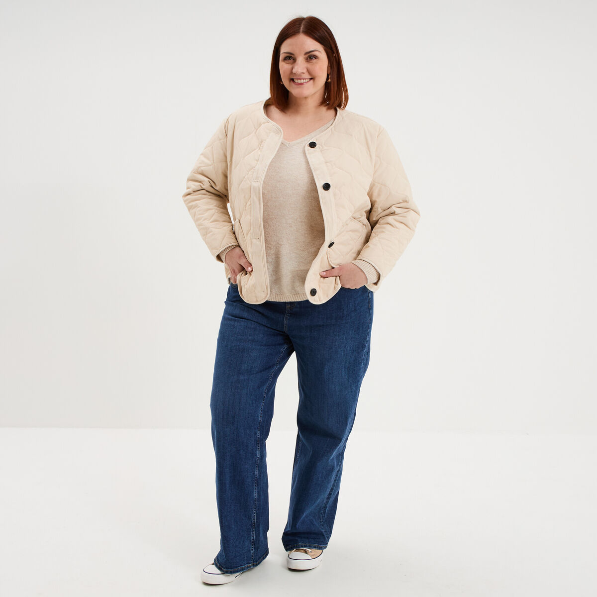 Pull col en V manches longues beige femme grande taille