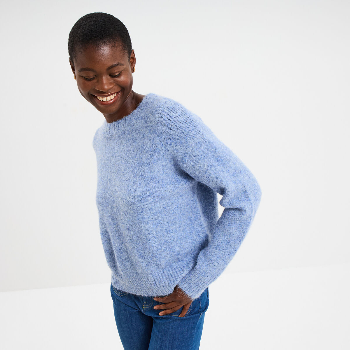 Pull col rond manches longues bleu ciel femme