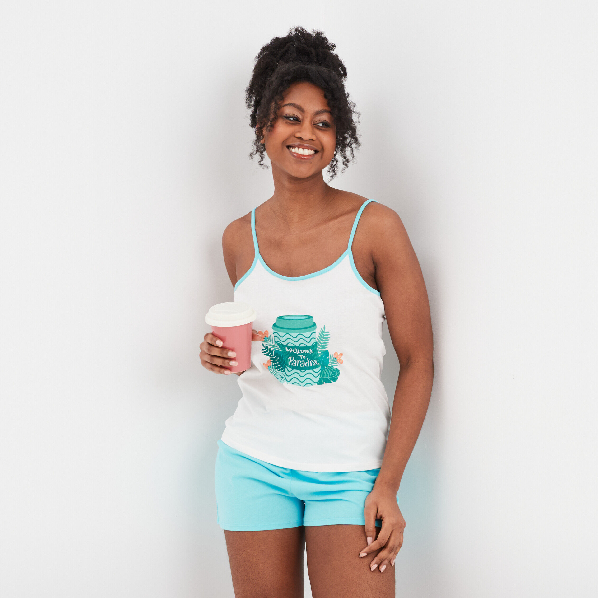 Ensemble pyjama short et débardeur coton bleu turquoise femme LH