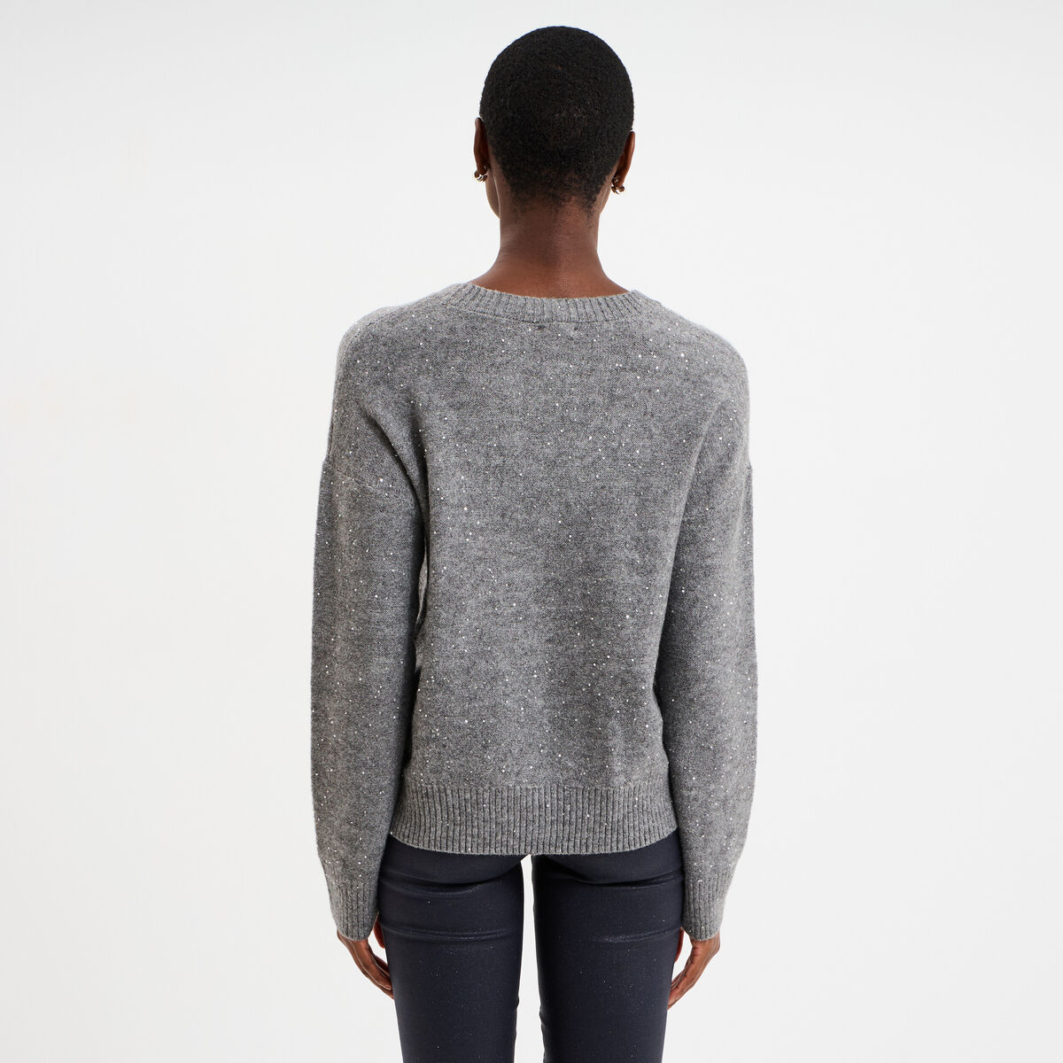 Pull col rond paillettes fils m&eacute;tallis&eacute;s gris femme