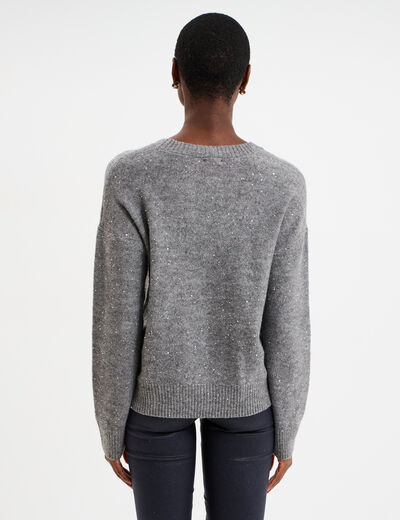 Pull col rond paillettes fils m&eacute;tallis&eacute;s gris femme