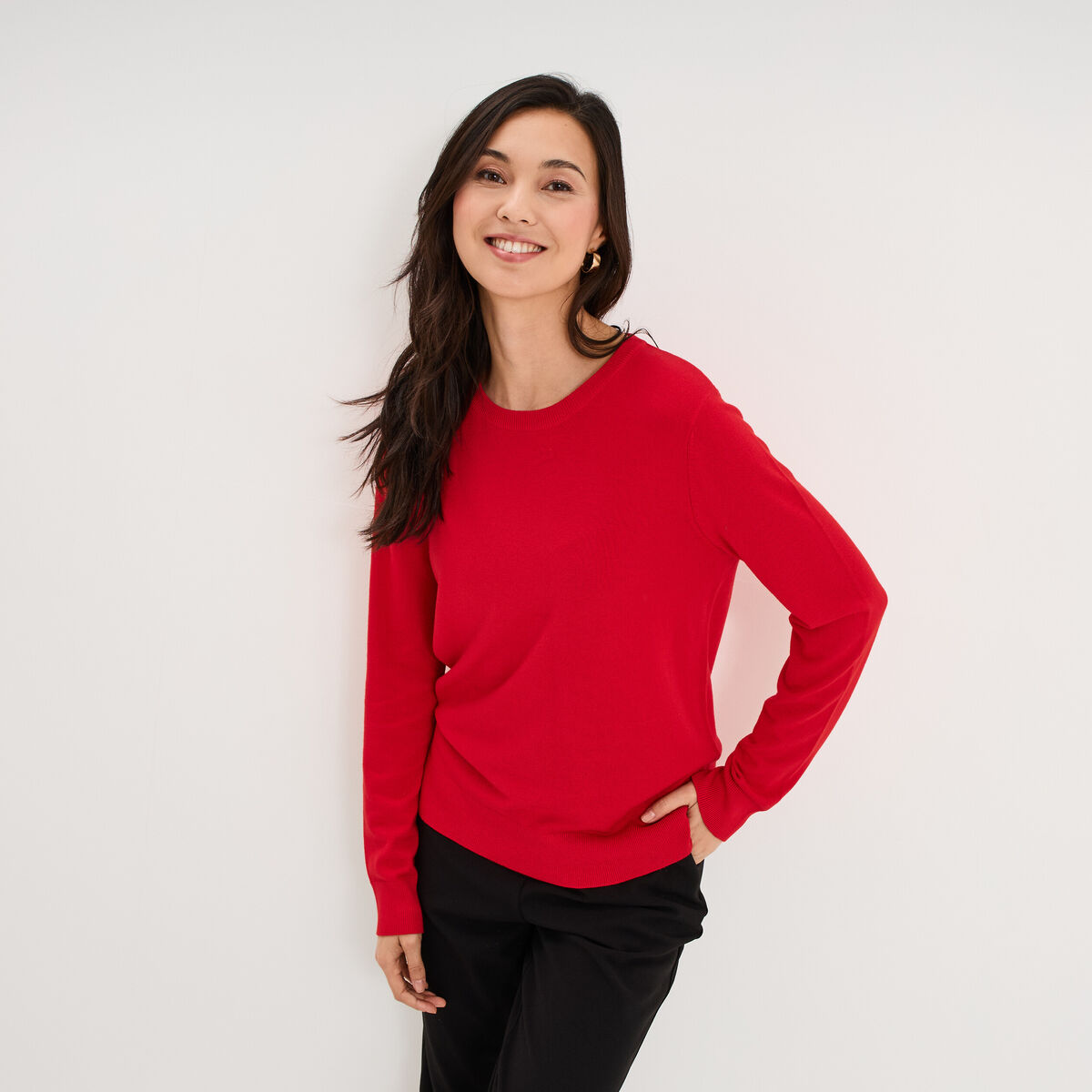 Pull col rond manches longues rouge femme