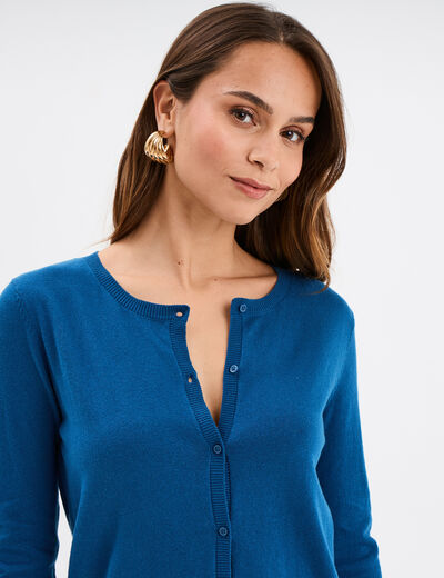 Gilet manches longues boutonné col rond bleu foncé femme