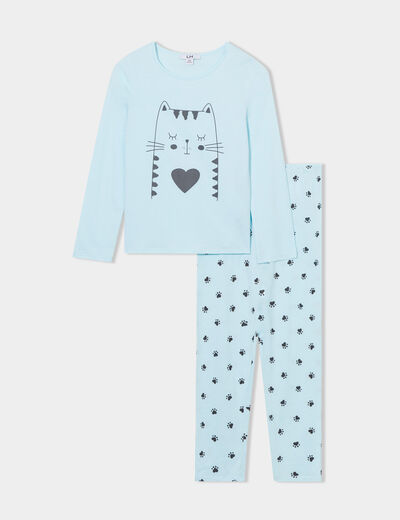 Ensemble pyjama pantalon t-shirt coton bleu turquoise fille