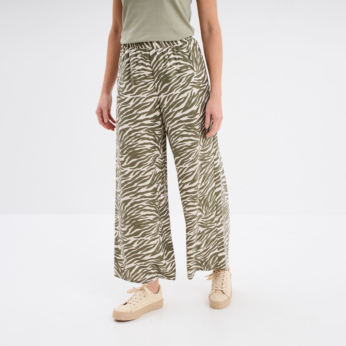 Pantalon large fluide taille élastiquée vert kaki femme