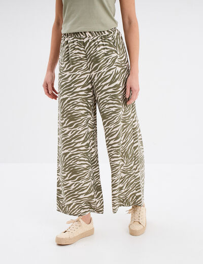 Pantalon large fluide taille élastiquée vert kaki femme