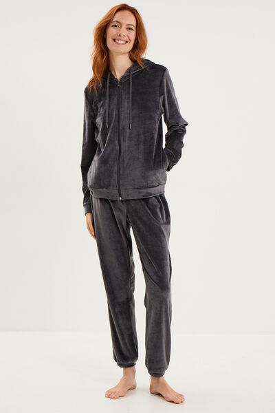 Ensemble pyjama sweat pantalon velours gris fonc&eacute; femme
