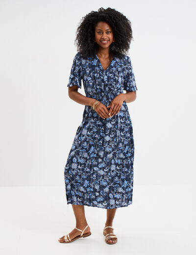 Robe longue empire taille smockée Creeks bleu marine femme