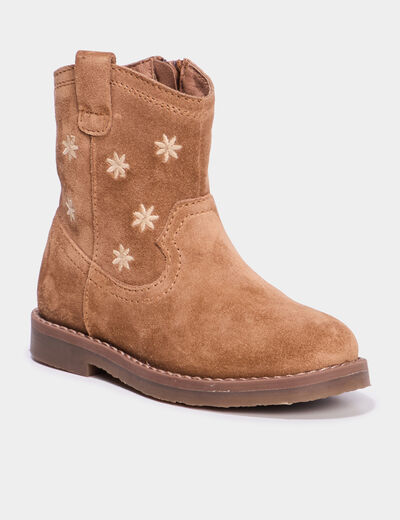 Boots brodées en cuir camel fille