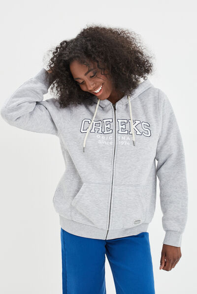 Sweat zippé à capuche doublure sherpa gris clair femme