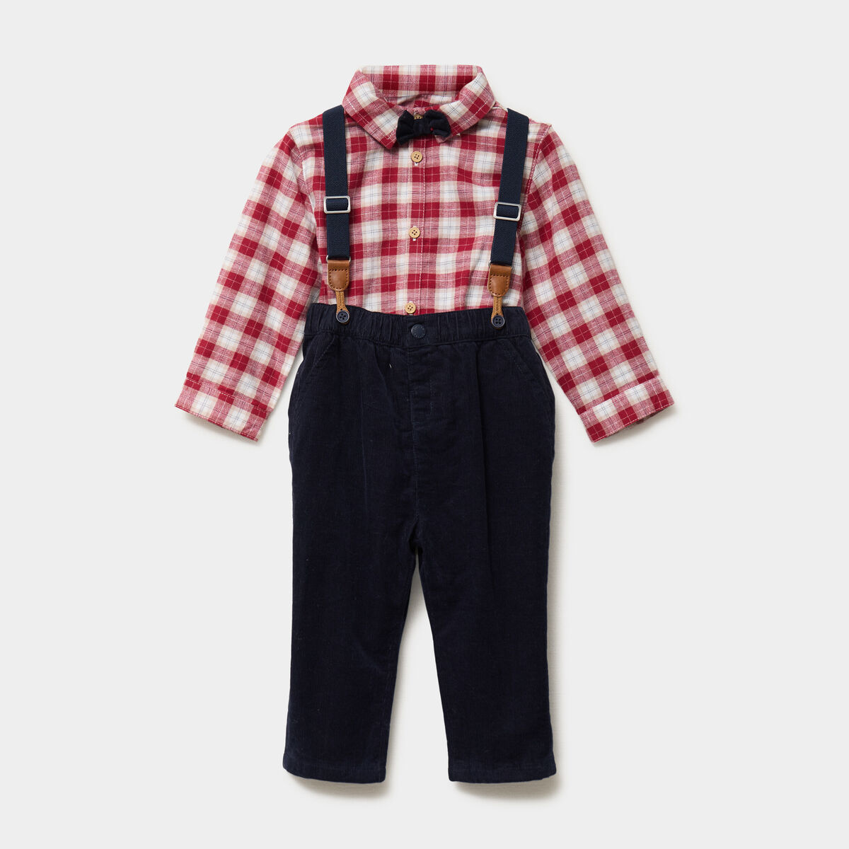 Ensemble chemise et pantalon bretelles rouge fonc&eacute; b&eacute;b&eacute; gar&ccedil;on