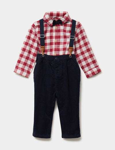 Ensemble chemise et pantalon bretelles rouge fonc&eacute; b&eacute;b&eacute; gar&ccedil;on