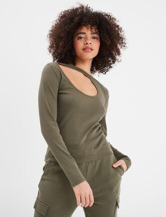 T-shirt côtelé avec ouverture Liberto vert kaki femme