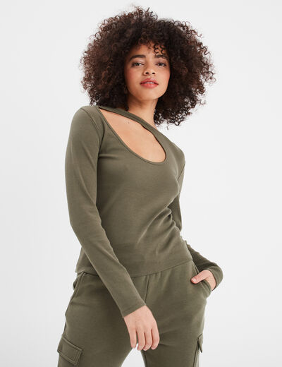 T-shirt côtelé avec ouverture Liberto vert kaki femme