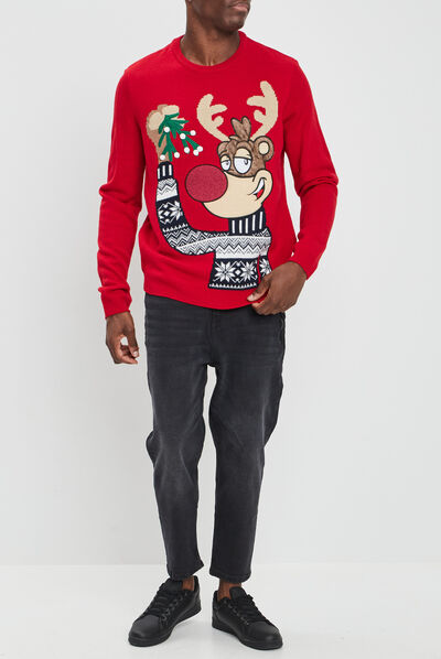 Pull de Noël avec col rond rouge homme