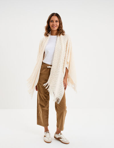 Poncho &agrave; franges ample ivoire femme
