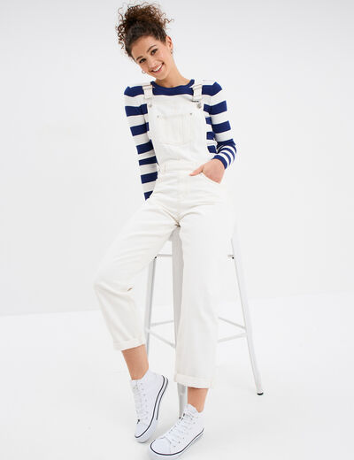 Salopette en jean mom boutonnée ecru femme