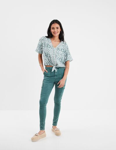 Blouse manches courtes détail noeud vert foncé femme