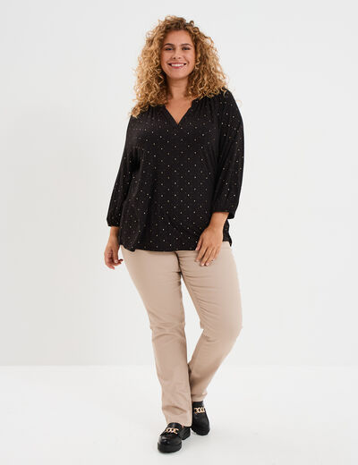 Blouse col en V manches 3/4 noir femme grande taille