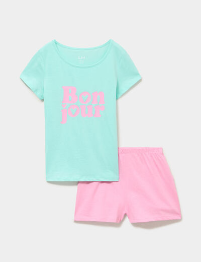 Ensemble pyjama short et t-shirt coton bleu turquoise fille