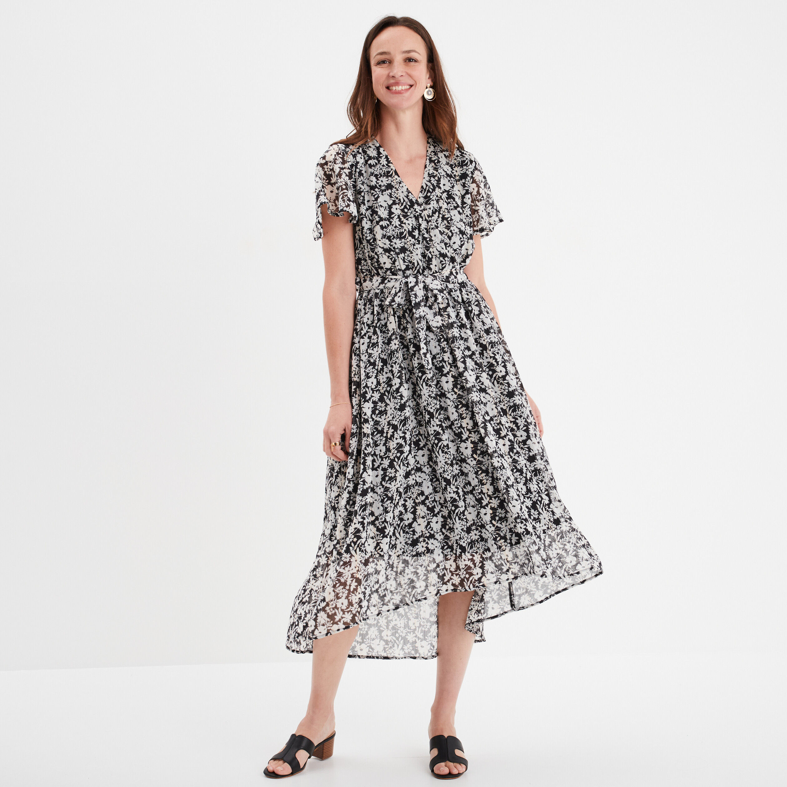 Robe longue évasée col cache-coeur noir femme LH