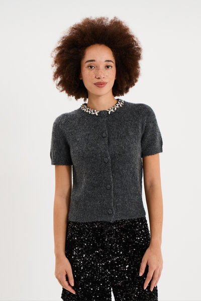 Gilet col rond bijou manches courtes gris fonc&eacute; femme