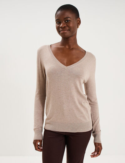 Pull col en V manches longues beige femme
