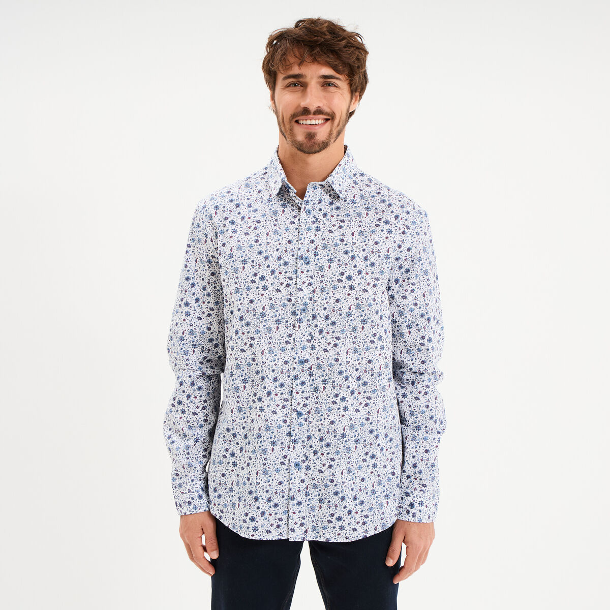 Chemise droite imprim&eacute;e manches longues bleu gris homme