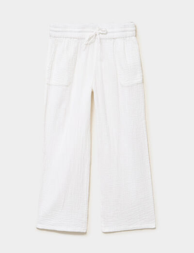 Pantalon fluide &eacute;lastiqu&eacute; gaze de coton blanc femme