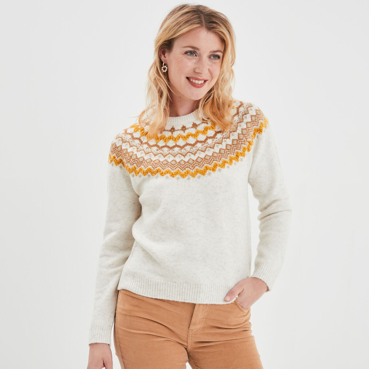 Pull jacquard col rond Creeks blanc femme