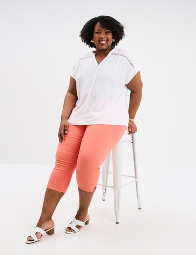 Pantalon corsaire skinny taille haute rose corail femme grande taille