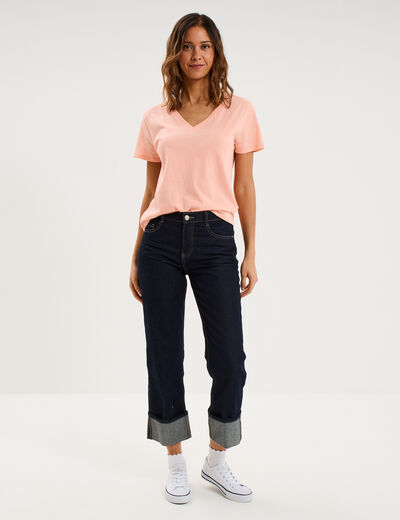 T-shirt manches courtes col en V coton rose poudr&eacute;e femme
