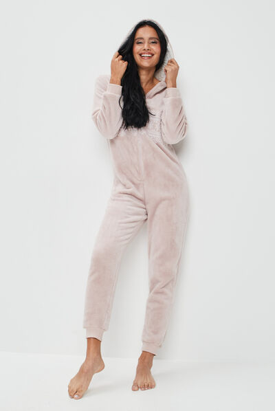 Combinaison pyjama à capuche rose clair femme